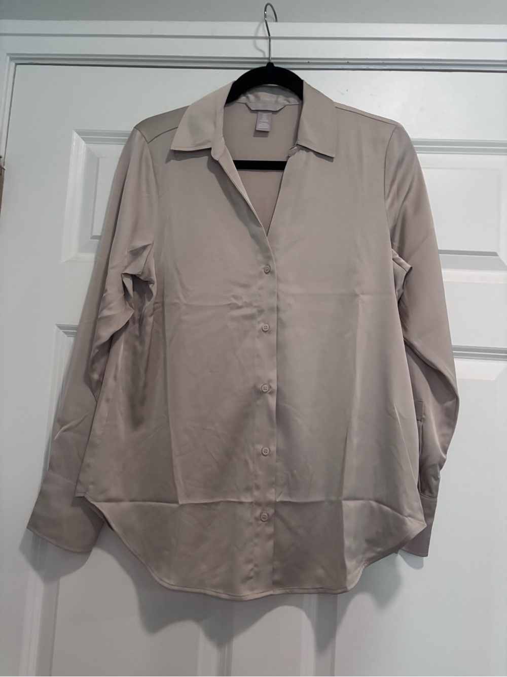 Satin Long-Sleeve Button Front Blouse - Beige